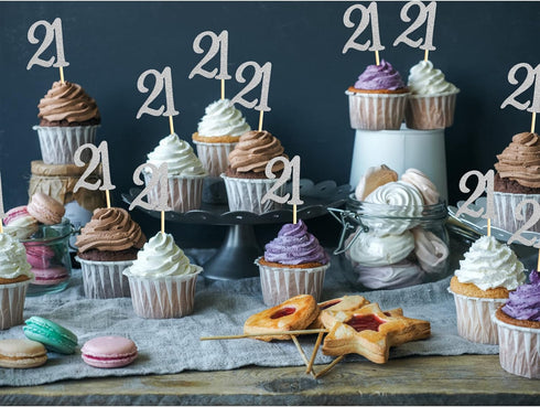 Sumerk 24PCS 21 Cupcake toppers Silver Glitter 21st Birthday Cupcake Picks Anniversary Party Decorations...