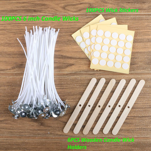 MILIVIXAY 6" Candle Wick Bundle: 100PCS Candle Wicks, 100PCS Candle Wick Stickers and 6PCS Wooden Candle Wick Holders - Wicks Coated with Paraffin...