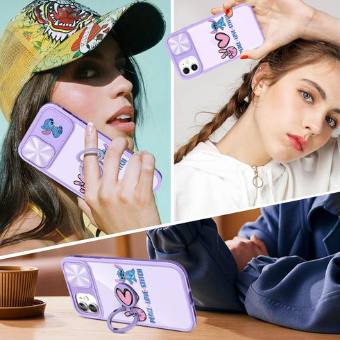 Joyleop (2in1 for iPhone 11 Case Cartoon Cute Love Stit for Girls Pretty Women Teen Kids Girly Phone Covers Purple Pattern Design with Slide Camer...