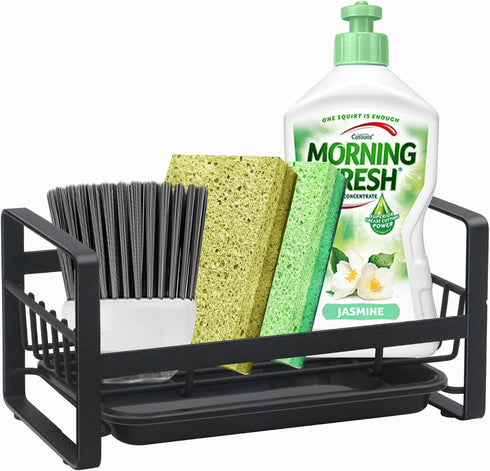 Kitchen Sponge Holder for Sink, Kitchen Sink Caddy Organizer, Sink Tray Drainer Rack, Dish Rags Brush Soap Storage Countertop with Removable Front...