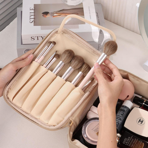 Pocmimut Travel Makeup Bag - Leather Make Up Bags Cosmetic Bags for Women, Large Makeup Organizer Bag with Brush Holder, Makeup Traveling Bag for ...