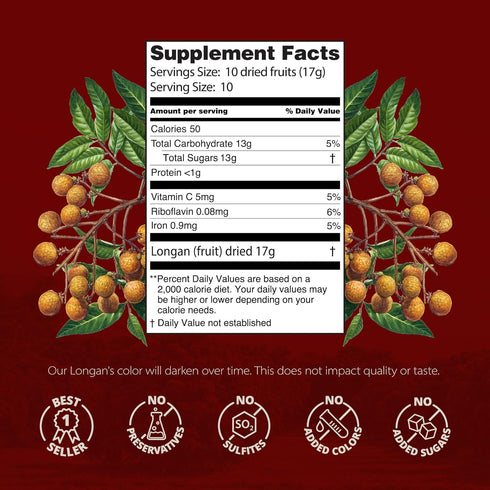 Dragon Herbs Longan 6 oz bag | dried fruit supplement to support skin, beauty, sleep, mood, stress, memory, heart and blood...