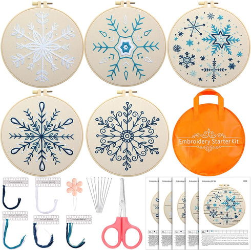Yuxung 5 Set Christmas Embroidery Starter Kit with Snowflake Pattern, Winter Embroidery Kits for Beginners, Full Range of Winter Cross Kits, Embro...