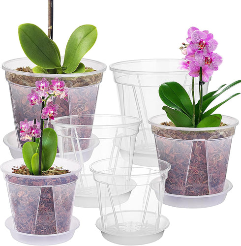 Plant Pots for Indoor Plants, 6 Pack 6.4/5.5/4.7in Clear Plastic Planter with Drainage Holes and Saucers for Orchid, African Violet, Spider Plant,...