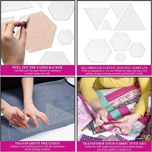 Quilting Acrylic Template Set | Precision Tools for Quilting Enthusiasts | Hexagon & Triangle Design | Includes Sizes 4", 3", 2", 1" | 1/8 Clear A...