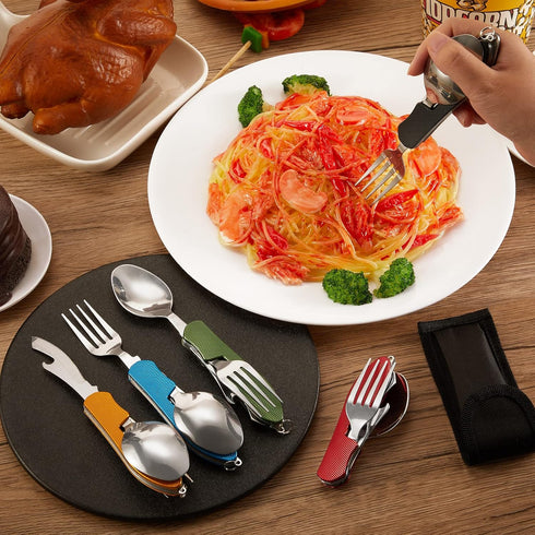 Folding Camping Utensils Cutlery Set 4-in-1 Stainless Steel Spoon Fork Knife Bottle Opener Set Detachable Tableware Pocket Kits Backpacking Cutler...