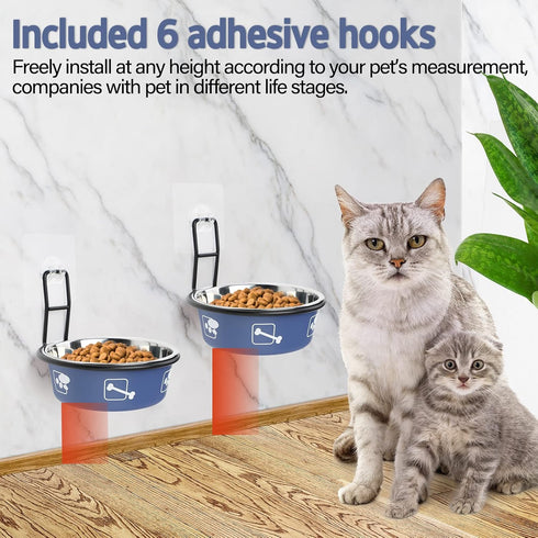 Cat Feeder, Wall Mounted, Raised Stainless Steel Bowls with Stand, Nonslip No Spill, 2 Packs (Blue)...