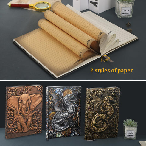 Vintage Elephant Embossed Leather Notebook with Ballpoint Pen/Pen Sleeve,A5 Hardcover Notebook,for Business Notepad/Travel Journal/Family Daily No...