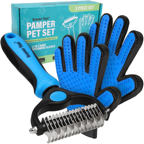 Maxpower Planet Pet Grooming Brush and 2X Grooming Gloves Combo - Double Sided Dematting, Deshedding Undercoat Rake for Dogs - Cat Brush, Dog Brus...