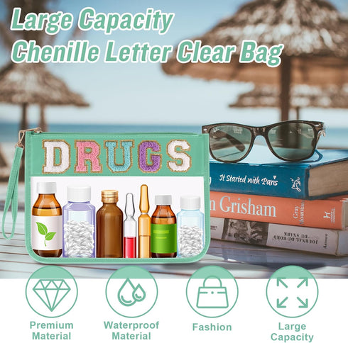 Iqimott Chenille Letter Patch Bag Clear MEDS Drugs Pouch, Preppy Portable Cosmetic Makeup Bag for Women Girls Travel, Waterproof Nylon Zipper Toil...