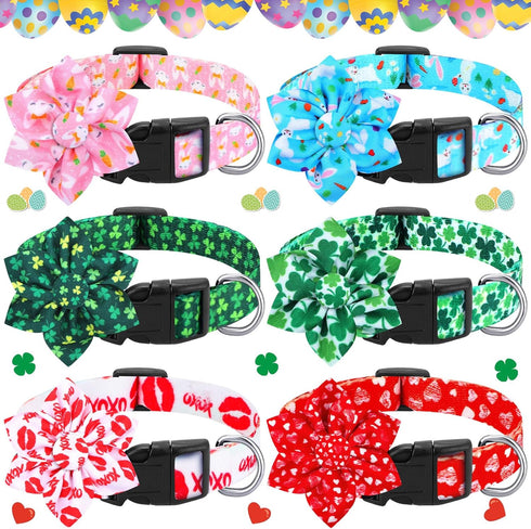 6 Pcs Easter Day Dog Collar with Flower Easter Day Adjustable Holiday Dog Collars Safety Buckle Nylon Dog Collar for Female Male Small Medium Larg...