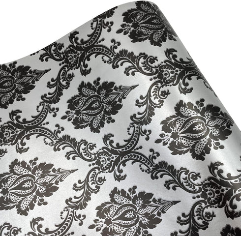 Yifely Retro Black Damask Furniture Paper Self-Adhesive Shelf Liner Light Grey Table Dresser Decor Sticker 17.7 Inch by 9.8 Feet...