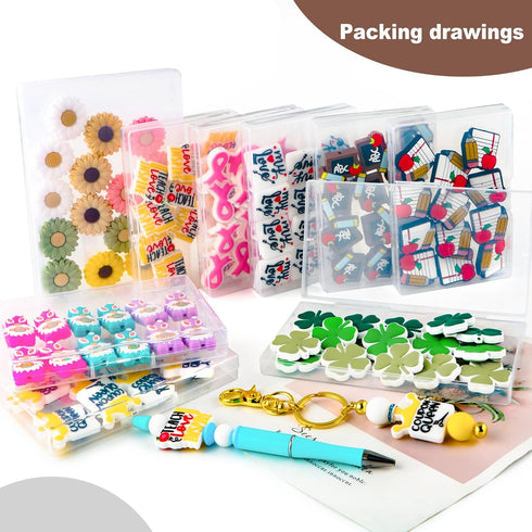 12pcs Silicone Beads - Oblong Focal Beads for Keychain, Pen, Bracelets, and Necklaces - Safe, Unbreakable Silicone - Teach Pencil Board Color...