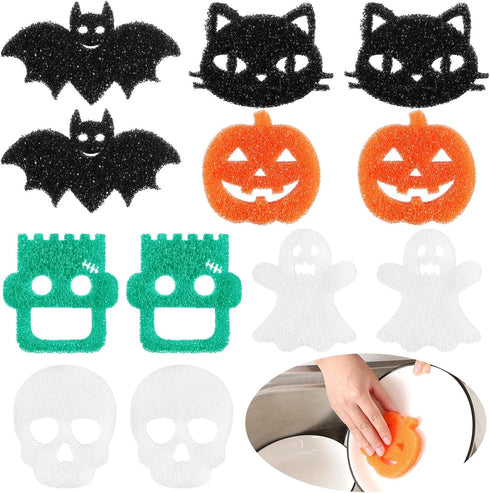 12 Pcs Halloween Cleaning Sponges Cute Kitchen Scrub Sponges Ghost Bat Pumpkin Cat Sponge Temperature Sensitive Non Scratch Household Cleaning Spo...