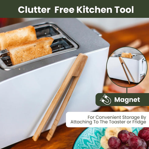 Toaster Tongs With Magnet | Kitchen Utensils For Cooking and Holding Toast Bacon Muffin Bagel Bread | 8 Inch Long Natural Non Toxic Bamboo...