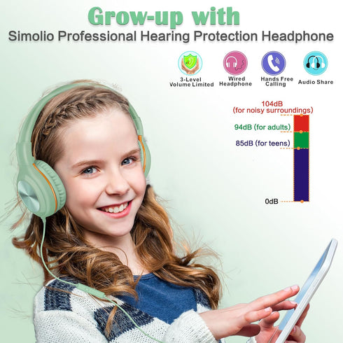 SIMOLIO Kids Headphones with Cord, Wired Headphones with Microphone for School Travel, 85dB/94dB/104dB Volume Limited, Portable Foldable & Adjusta...