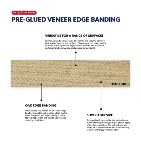 Oak Wood Veneer Edge Banding 2 inch x 25 ft Plywood Edging - Pre-glued Real Wood Veneer - Flexible Easy Application Iron-on Edge Banding for Furni...