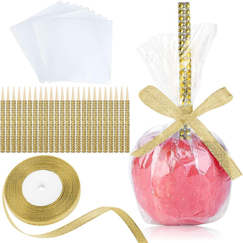 24 Pack Bling Candy Apple Sticks and Bags Kits, Caramel Apple Wooden Skewers,Food Bamboo Decorative Sticks for Rice Krispie Treats Cookie Cake Pop...