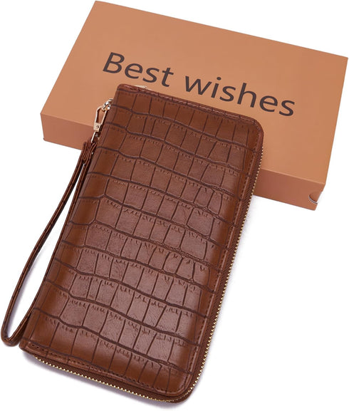 YZAOLL Women's Zip-Around Wristlet Wallet with RFID-Blocking Proteceion Large Capacity PU Leather Cards Holder with Checkbook Passport Slots,Brown...
