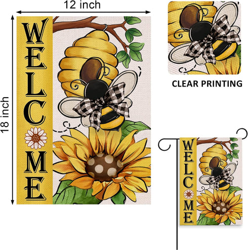 Welcome Spring Summer Bumble Bee Sunflower Decorative Garden Flag, Flower Honeycomb Yard Outside Decorations, Buffalo Plaid Bow Burlap Farmhouse O...