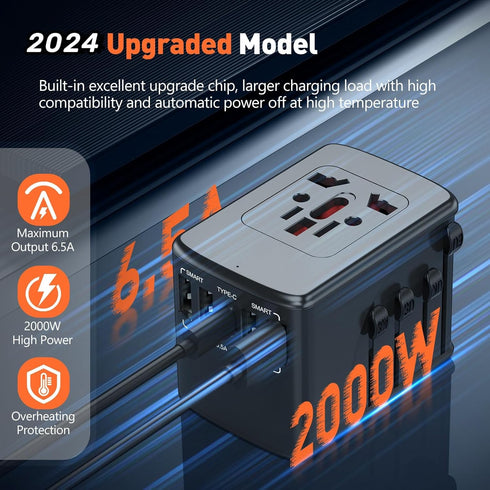 Universal European Travel Plug Adapter - International Travel Plug Adapter Wall Charger with 6.5A 5 USB Type-C for US EU UK Europe Spain Australia...