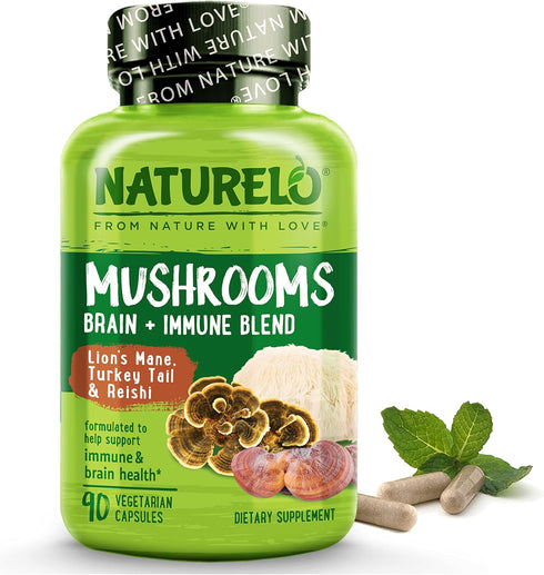 NATURELO Mushroom Supplement – Brain & Immune Health Blend with Lion’s Mane, Reishi, Turkey Tail – 90 Vegan Friendly Capsules...