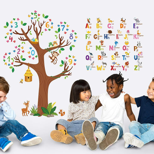 Zonon 3 Sheets Animal Alphabet and Numbers Tree Wall Decals Learning ABC Letters Birds Numbers Peel and Stick Wall Decals Home Bedroom Playroom Nu...