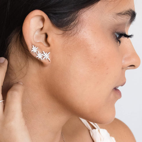 3 Star Constellation Ear Climber Crawler Earrings White Gold Plating...