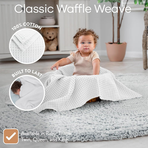 Comfy Cubs Waffle Weave Blanket - 40” x 40” White Waffle Baby Blanket for Bed, Couch, Crib and Stroller - 100% Cotton, Soft Textured Toddler Swadd...