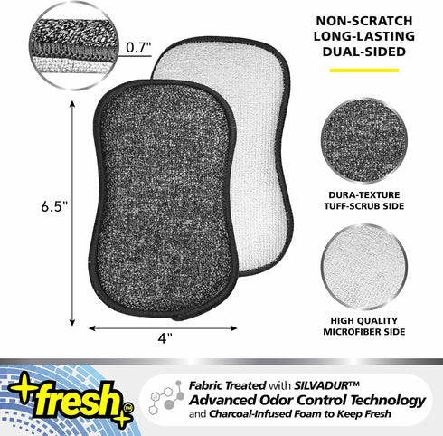 Fresh Large Professional Microfiber Scrub-N-Wipe Sponge Pads, Fabric Treated with SILVADUR Advanced Odor Control Technology and Charcoal-Infused F...