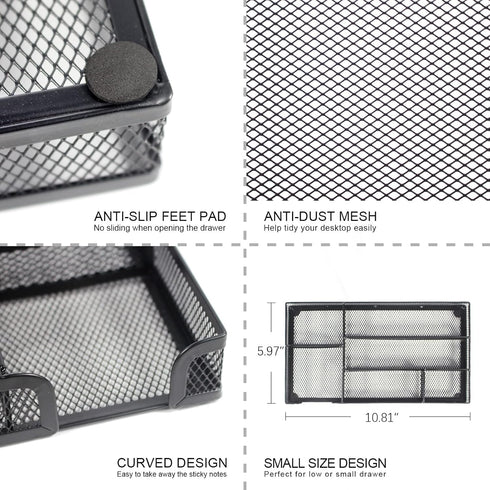 Desk Drawer Organizer Tray, Metal Mesh Drawer Office Drawer Organizer w/6 Compartment, Small Desk Organizer Tray for Home Office School Supplies, ...