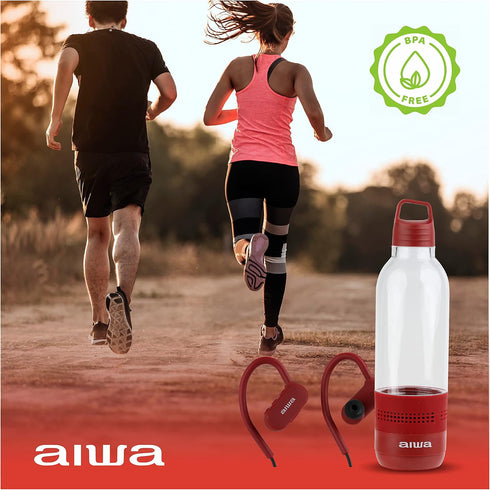 Aiwa Water Bottle with Speaker and Earphone Bundle - 400ml Water Bottle with 4 Hour Playtime and Wireless Sports Earphones with Integrated Mic, 10...