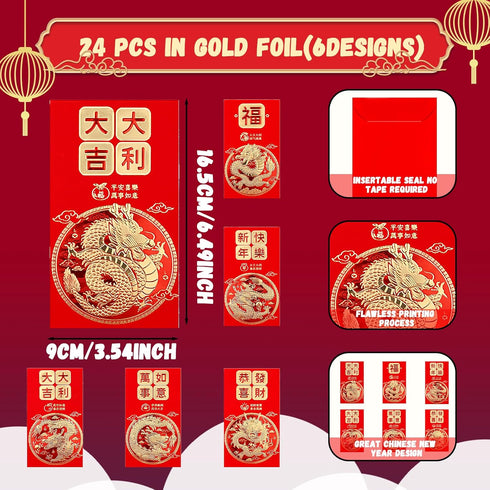 48 Pcs Chinese Red Envelopes 2024 Lucky Money Envelopes Hong Bao Red Pocket Envelope for Money Year of the Dragon 2024 Gifts for Spring Festival W...