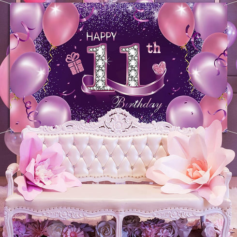 Happy Birthday Party Decorations, Large Fabric Happy 11th Anniversary Birthday Backdrop Photo Booth Background with Rope for Girls Birthday Party ...