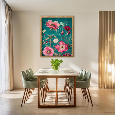 Posterizer 1 pcs-dainty pretty pink flowers with blue background-Floral & Botanical Art-Abstract & Modern Art-Decor for Home & Office- UNFRAMED Wa...