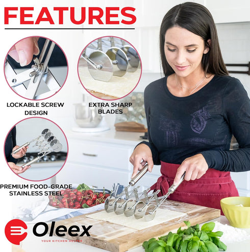 Oleex ‘All-Dough’ Pastry Cutter Set. 5 Wheel Dough Cutter and Dual Fluted Ravioli Cutter Wheel/Pizza Cutter Wheel! Versatile Brownie Cutter, Pasta...