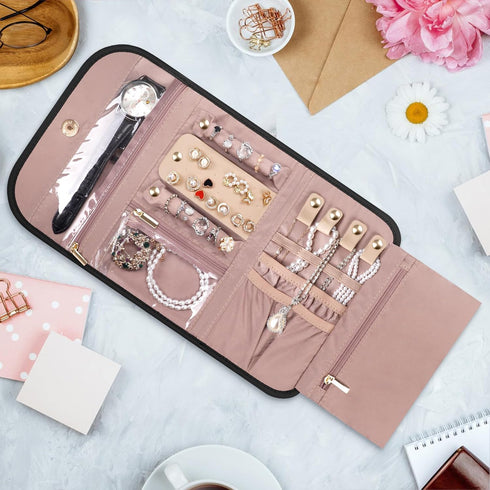Travel Jewelry Roll Organizer Case - Women Portable Jewellery Storage Foldable Pouch for Necklace Earring Bracelets, Black...