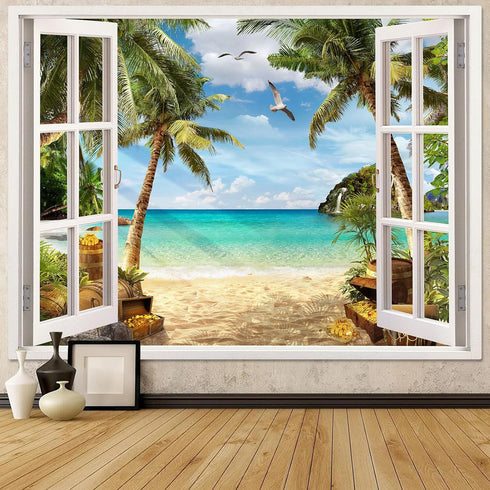 Leeisysme Beach Landscape Tapestry, Tropic Ocean Sea Island Palm Tree Seaside Tapestries for Living Room Summer Window Wall Hanging 36×48 Inch...
