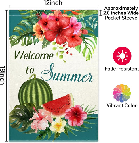 ChloropLastid Welcome to Summer Garden Flag Tropical Watermelon Palm Leaves Floral Small Double Sided Decorative Outdoor Yard Flag 12 x 18 Inch Se...