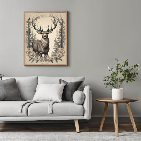 Posterizer 1 pcs- Beautiful deer in a jungle with wild white flowers-Art for Animal Lovers-Floral Botanical Art- Gift for Men Women -Decor for Bed...