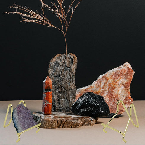 Rock Display Stand Gold Metal Easel Stands Crystals Holder for Display Collectibles Crystals, Rocks, Geodes, Heart Stones, Mineral Agate Fossil , ...