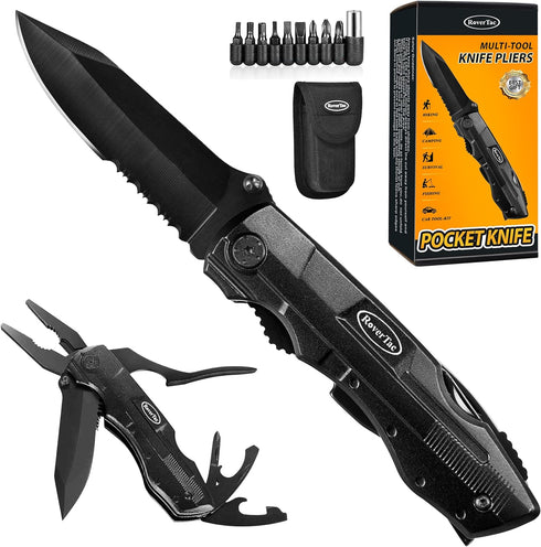 RoverTac Pocket Knife Tactical Folding Knife Multi Tool Survival Camping Knife, Multitool Knife Pliers Bottle & Can Opener 9-Pack Screwdrivers Lin...