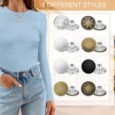 24 Pcs 17mm Jeans Button Replacement, Metal Buttons for Jeans No-Sew Nailess Removable Button for Jacket Coat, Loose Jeans, Pants DIY Sewing Repla...