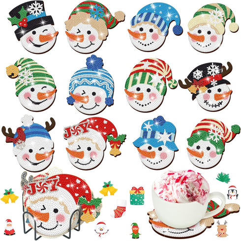 12 Pcs Christmas Diamond Art Coasters Snowman Head Diamond Painting Coasters with Holder Xmas Diamond Painting Kit Diamond Acrylic Round Cup Coast...