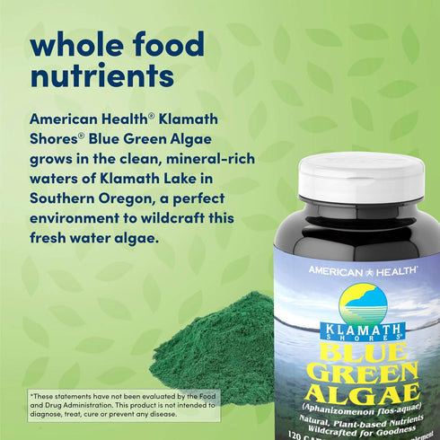 American Health Klamath Shores Blue Green Algae Capsules - Fresh Water Phytonutrient-Rich Algae Superfood Supplement - Pesticide-Free - 120 Total ...