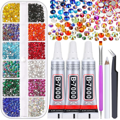Rhinestones Adhesive Glue for Fabric, 2100Pcs 12 Color Craft Rhinestones Flatback with B7000 Glue Adhesive, Glass Gemstones with Tweezers for Craf...