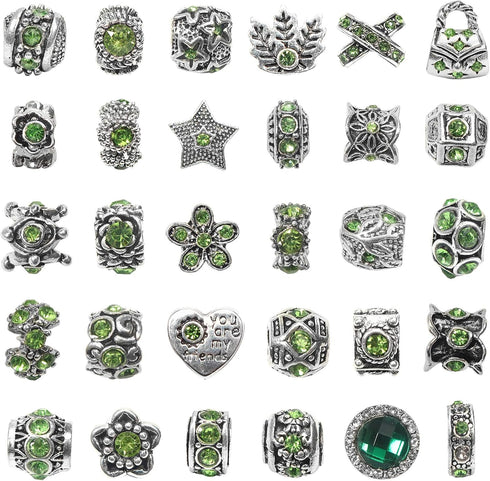 TOAOB 30pcs Green Large Hole European Beads Antique Silver Metal Rhinestone Rondelle Spacer Charms Beads Assortments for Bracelets Necklaces Jewel...