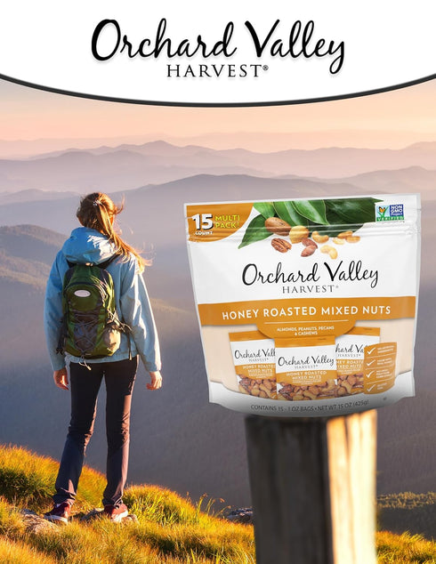 Orchard Valley Harvest Honey Roasted Mixed Nuts, 1 Ounce Bags (Pack of 15), Almonds, Peanuts, Pecans, and Cashews, Gluten Free, Non-GMO, No Artifi...
