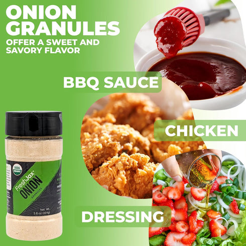 FreshJax Organic Onion Granules (5.8 oz Large Bottle) Certified Organic, Non GMO, Gluten Free, Keto, Paleo, No Preservatives Granulated Onion | Ha...