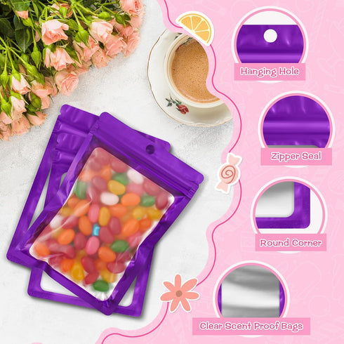 FUNFERY 100 Pack Mylar Resealable Bags Foil Packaging Bags with Clear Window,Zipper Pouch Smell Proof Bags for Food Storage,Cookies,Sample,Small B...